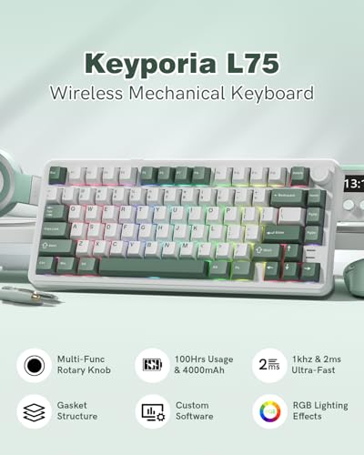 L75 75% Mechanical Keyboard, Wireless Gaming Keyboard with Multifunction Knob, Creamy Gasket Structure, Hot Swap, RGB Backlight, PBT Keycap, Custom Driver, Compact Layout for Win/Mac/PC - color: Green
