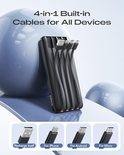 Orfeika 20000mAh Power Bank Fast Charging, Portable Charger with 4 Built-in Cables & 6 Outputs, 20W PD USB C Battery Pack Compatible with iPhone 16/15, Galaxy, Android, iPad & More (Travel Essential) - color: Black