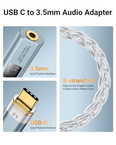 MoKo USB C to 3.5mm Jack Audio Adapter, Dual DAC Chip CX31993 & MAX97220 | Built-in HiFi Amplifier, 32bit/384KHz Hi-Res Certified, Supports In-line Controls, For Android iPhone PC Mac Switch PS5, Grey - color: Grey