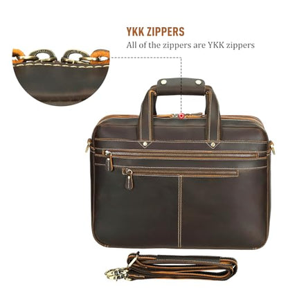 Polare Full Grain Napa Leather 17" Briefcase Work Bag Business Case For Men | Cowhide Leather, Business Travel Laptop Case, Padded Compartment Fits 15.6" Laptop, YKK Zippers - color: Dark Brown (Updated Version)