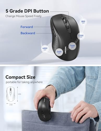 TECKNET 2-in-1 Bluetooth Mouse (BT 5.0/3.0+2.4Ghz), 6-Level 4000 DPI-Black | BT 5.0/3.0 & 2.4G wireless mouse with 4000 DPI, silent clicks, ergonomic design, and USB receiver for laptop and PC. - color: Bright Black