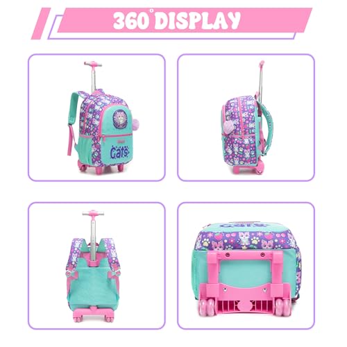 Girls Rolling Backpack with Lunch Box School Backpacks with Wheels 16.5" Roller Backpack for Girls, 3pcs Kids Wheeled Bookbag for Elementary School - color: Lansemao