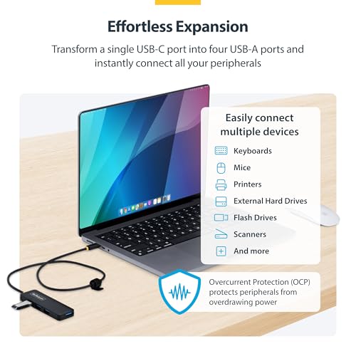 StarTech 4-Port USB-C Hub 5Gbps with 4X USB-A, 2ft Cable (H5C4A-USB-HUB-2) | SuperSpeed USB Powered portable hub, Plug-and-play, Overcurrent Protection, 2ft 61cm cable, MacBook Dell Chromebook PC - size: 2 ft, style: USB-C