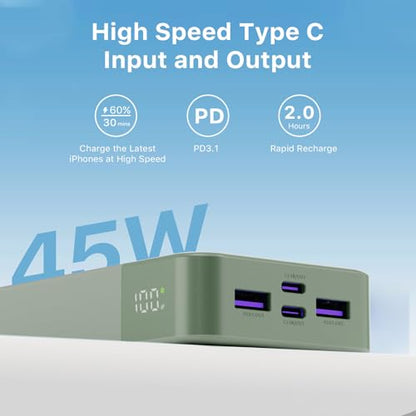 JUOVI Power Bank 45W 20000mAh Portable Charger USB C, PD QC Fast Charging 4-Port(2C+2A) External Battery Pack with LED Display, for iPhone 15 16 MacBook ipad | PD QC Fast Charging with 4 USB Ports(2C 2A), LED Display External Battery Pack for iPad Tablet