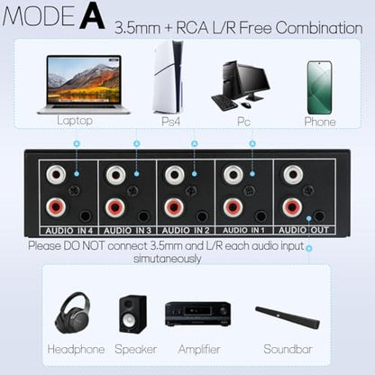 3.5mm Aux + RCA L/R Bi-Directional Stereo Audio Switch 4 in 1 Out A/B Analog Audio Switcher Selector No Power Need - color: Dark Black
