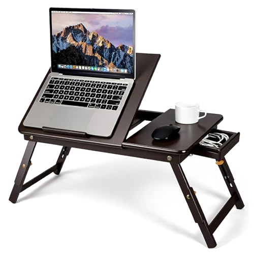Bamboo Laptop Desk for Bed, Adjustable Height and Angle, Foldable Lap Desk with Cup Holder and Drawer, Portable Bed Table Tray for Writing Reading Drawing or Breakfast, Dark Brown - color: Dark Brown