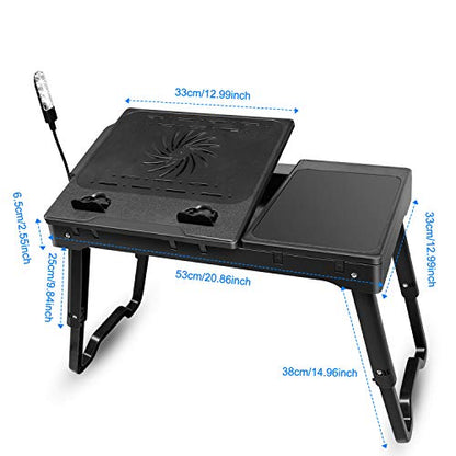 Foldable Laptop Bed Tray Desk Adjustable Lap Table Notebook Desk | Cooling Fan Mouse Board USB Ports LED Light Laptop Stand for Bed Sofa Couch