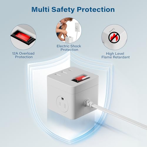Outdoor Power Strip Cube 10 Ft, IPX4 Waterproof 3 AC Outlet Widely Spaced with 2 USB-A & 1 USB-C PD 20W Charging Station, Low Profile 45 Degree Flat Plug Extension Cord Wall Mountable, ETL-White - size: 10FT