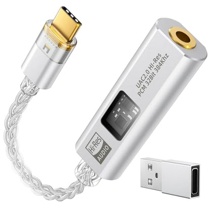 MoKo USB C to 3.5mm Jack Audio Adapter, Dual DAC Chip CX31993 & MAX97220 | Built-in HiFi Amplifier, 32bit/384KHz Hi-Res Certified, Supports In-line Control, For Android iPhone PC Mac Switch PS5,Silver - color: Silver
