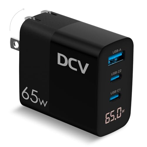 DCV 65W USB C Charger, GaN 3-Port Fast Charging Block with LED Digital Display, PD/PPS/QC 3.0 Foldable Wall Charger for Laptops, MacBook, iPhone 15/14/13, iPad Pro, Galaxy S23/S22, Note 20/10 (Black)