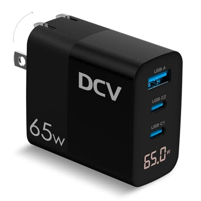 DCV 65W USB C Charger, GaN 3-Port Fast Charging Block with LED Digital Display, PD/PPS/QC 3.0 Foldable Wall Charger for Laptops, MacBook, iPhone 15/14/13, iPad Pro, Galaxy S23/S22, Note 20/10 (Black)