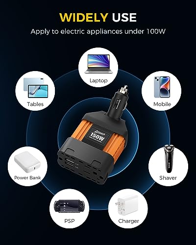 150W Car Power Inverter, 12V DC to 120V AC, Cigarette Lighter Plug | 300W Surge Peak, 1 AC Outlet, Dual USB 4.8A, 11 Protections, Compact, for Laptop Phone Car Vehicle - color: 150W Car Inverter