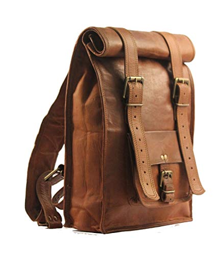 URBAN DEZIRE Men's Leather Vintage Roll On Laptop Backpack Rucksack knapsack college bag - size: 11"(L), 16"(Rolled) -(H)- 21"(Open), 4(W)