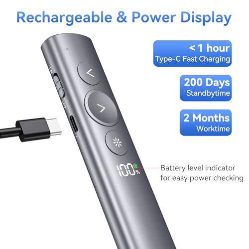 Rechargeable Presentation Clicker with Red Laser Pointer for PowerPoint, Power Display Wireless Presenter Remote with USB-A & USB-C Dongle, Slide Advancer for Mac, Windows, Laptop, Classroom, Office - style: Red Laser & Power Display