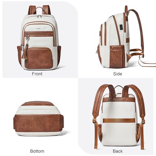 Shrrie 17 Inch Laptop Backpack for Women,Vegan Leather Backpack Purse,28L Work Business College Travel Computer Backpacks with Pouch Pocket for Large Capacity Cup & USB Charger,Beige with Brown - color: Beige With Brown