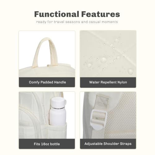 College Laptop Backpack 16 Inches Quilted Travel Backpack for Women Lightweight Puffer Casual Daypack 28L Ivory Beige - color: Ivory Beige