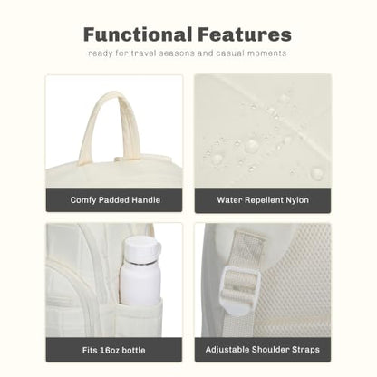 College Laptop Backpack 16 Inches Quilted Travel Backpack for Women Lightweight Puffer Casual Daypack 28L Ivory Beige - color: Ivory Beige