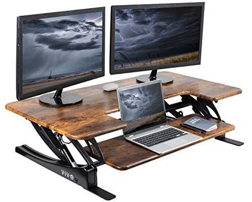 VIVO Rustic Vintage Brown 42 inch Standing Desk Converter, DESK-V000VLN | Height Adjustable, Stand Up Desk Riser, Wide Keyboard Tray, Dual Monitor and Laptop Workstation, Black Frame, V Series - color: Vintage Brown, size: 42"