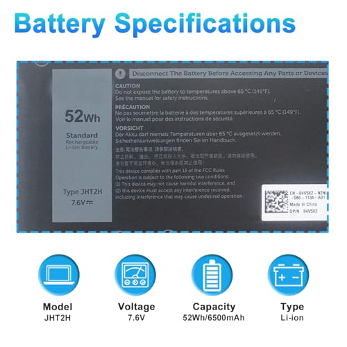 52Wh JHT2H Laptop Battery for Dell Latitude 7310 7410 Latitude 7410 Chromebook Enterprise Series P34S P34S001 4V5X2 Y7HR3 35J09 HRGYV WY9MP XMV7T 009YYF 7CXN6 T3JWC XMT81 0YJ9RP XMV7T K36KR - size: 10.43*4.25*0.20inch JHT2H