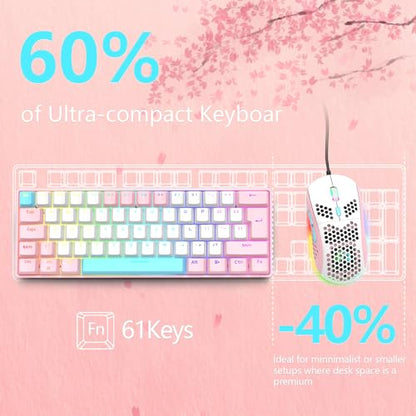 RK-T60 Wired 60% TKL Mechanical Gaming Keyboard Led Rainbow Backlight Ultra-Compact NKRO Linear Red Switch ABS Keycap RGB Honeycomb Mice Coiled Aviator Cable for Windows Laptop PS4/PC/WIN Gamer - color: Pink/Blue Switch