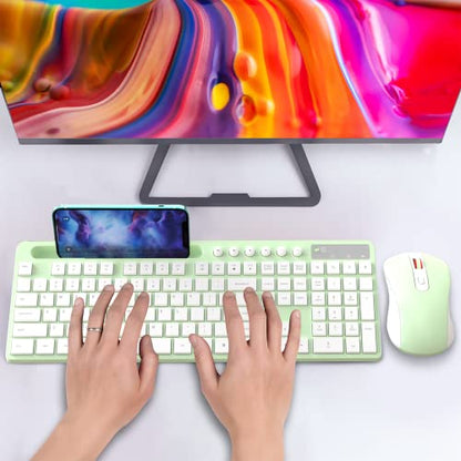 Wireless Keyboard and Mouse Combo, MARVO 2.4G Ergonomic Wireless Computer Keyboard with Phone Tablet Holder, Silent Mouse with 6 Button, Compatible with MacBook, Windows (Green) - color: Green