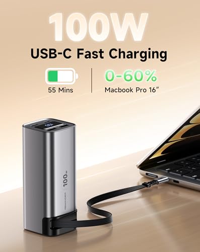 REWONDER 100W Power Bank Fast Charging 20000mAh with Built-in Retractable USB-C Cable, Portable Charger for MacBook Laptop, iPhone 17/16 Series, Samsung, TSA Approved for Air Travel - color: GalaxyGray