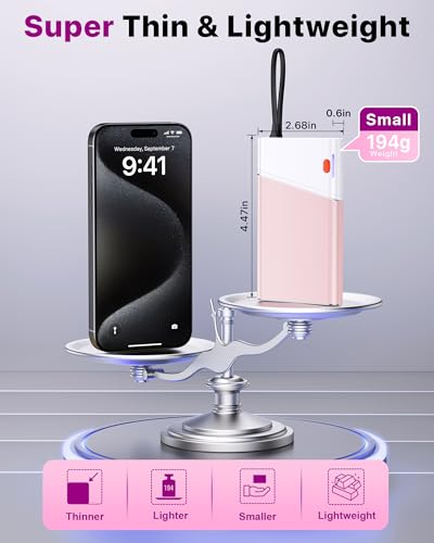 Aaoyun Portable Charger Power Bank, 10000mAh 22.5W PD Fast Charging Powerbank with Built-in USB C Cable, Slim External Phone Battery Pack for iPhone 17/16/15 Samsung S24 Android etc (Pink) - color: Pink-10000mah