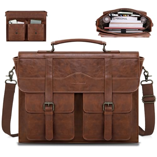 RAINSMORE Mens Messenger Bag 17/18 Inch Vintage Leather Laptop Briefcase | Large Laptop Bag, Satchel Computer Shoulder Bag for Office, Work, Travel, College - color: 17 Inch-brown
