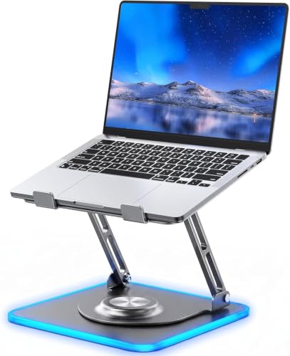 JOYEKY Adjustable Laptop Stand with RGB Lighting,Aluminum Ergonomic Computer Stand with 360° Rotating Base,Foldable & Portable Laptop Riser, Suitable for All 10-16” Laptops (Grey) - color: RGB-Grey