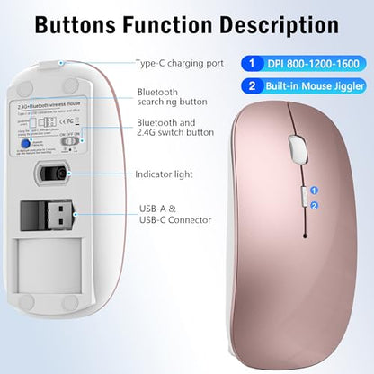 Wireless Mouse Jiggler - Bluetooth Rechargeable Computer Mouse with Undetectable Jiggler Mice Mover, Silent Click Slim Optical USB C Mouse for iPad Pro MacBook Air/Pro Mac Laptop PC - Rose Pink - color: Wireless Bluetooth Mouse (Rose Pink)