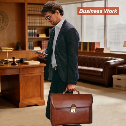 Banuce Leather Briefcase for Men with Lock Fits Laptop | Travel-friendly Luggage Strap,Lawyer Briefcase,Expandable,Detachable Shoulder Strap,Office Work,Business Travel - size: Large