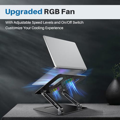 YICOSUN Adjustable Laptop Cooling Stand with 2 Quiet Fans & RGB Lighting, Aluminum Alloy & Foldable Ergonomic Design for MacBook, Lenovo, ASUS, Dell 10-16 Inch, Perfect for Gaming, DJ, Office - Black - color: Black