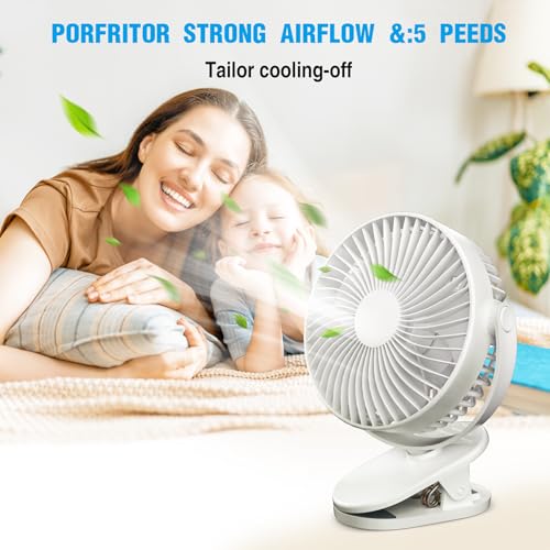 Clip on Fan Rechargeable, 8-Inch Battery Operated Desk Fan, USB Fan, 5Speeds, Strong Airflow, Sturdy Clamp for Golf Cart Office Desk Outdoor Travel Camping Tent Gym Treadmill,White - color: White