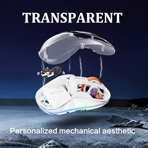 FMOUSE Cute Transparent Mouse, Tri-Mode Wireless, Rechargeable, White | USB-A & USB-C Receivers | 2.4G & Dual Bluetooth | Cat Figurine | Silent Click | RGB | For MAC, iPad, Laptop - color: White