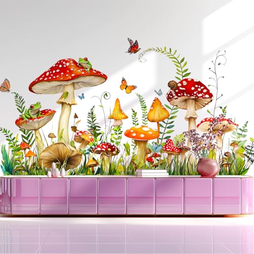 Mushroom Wall Decals Peel and Stick, Frog Butterflies Grass Vinyl Wall Stickers, Removable Home Decor Art for Bedroom Living Room Classroom Office - style: Mushroom#1