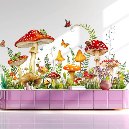 Mushroom Wall Decals Peel and Stick, Frog Butterflies Grass Vinyl Wall Stickers, Removable Home Decor Art for Bedroom Living Room Classroom Office - style: Mushroom#1