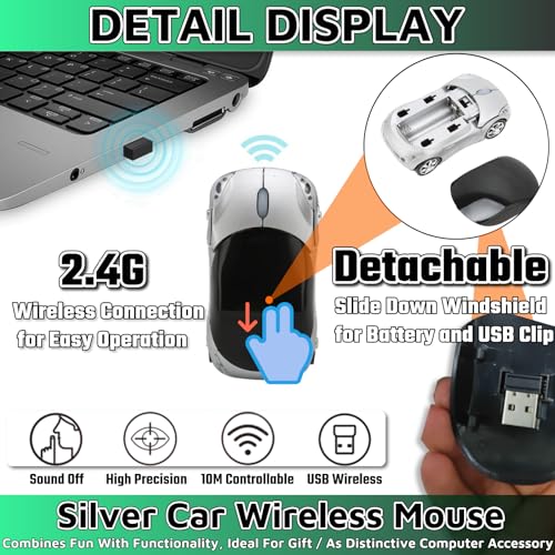 HuGuWdy Silver Car Mouse，2.4G with USB Reciver 1600DPI Computer Mice Wireless for Computer Wireless Computer Mouse for Laptop Tablet for Windows Mac OS（Silver） - color: Silver