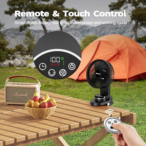 AMACOOL Battery Operated Camping Fan with Light, 20000mAh Rechargeable Clip on Fan with Hook & Digital Display, 112Hrs Running, 9 Speed, 360° Rotation Portable Small Fans for Tent Camping RV Travel - color: Black