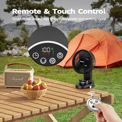 AMACOOL Battery Operated Camping Fan with Light, 20000mAh Rechargeable Clip on Fan with Hook & Digital Display, 112Hrs Running, 9 Speed, 360° Rotation Portable Small Fans for Tent Camping RV Travel - color: Black