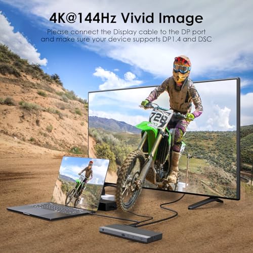Laptop Docking Station, Docking Station 3 Monitors with 2* DP+HDMI, 4K@144Hz,130W PD Charger, USB-C/A 10Gb, 3* USB-A 5Gb, Audio, Gigabit Ethernet for Lenovo HP Dell, Windows System Computer