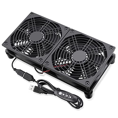 GDSTIME 240mm Router Fan Cooler with L/M/H Speed Control DC 5V USB Powered | Quiet Dual 120mm USB Computer Fan, for Router, Modem, Receiver, DVR, PlayStation, Xbox, Amplifier, Laptop, AV Cabinet Cooling
