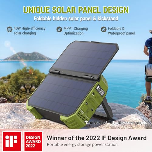 BROWEY Portable Power Station, 1000W (Peak 2000W) Solar Generator with Built-in Solar Panel, 614WH LiFePO4 Battery Pack, AC/DC/USB/PD Outputs, for Outdoor Camping, RV Travel, Emergency Preparedness - style: S1000 Green