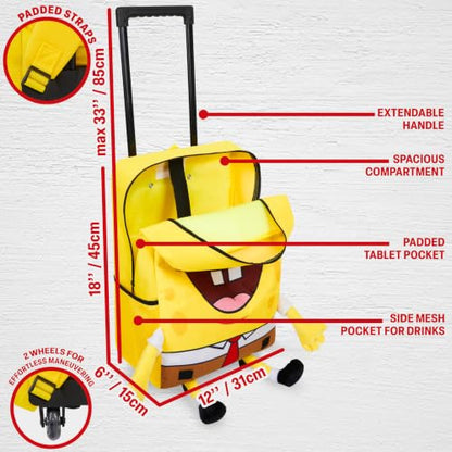 Get Trend SpongeBob Squarepants 3D Rolling Luggage with Wheels, 18” | 21L Cabin Suitcase, Lightweight Kids Carry On Backpack with Telescopic Handle for Trips, Holidays & School - color: Yellow SpongeBob