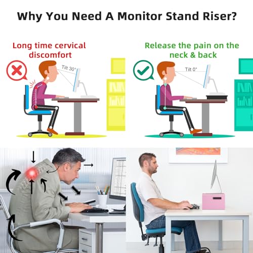 Marbrasse Monitor Stand Riser, 16.5 Inch 2 Tier Computer Printer Shelf Stand for Laptop Computer Screen Storage, Desktop Stand with Phone Holder and Cable Management (Pink) - color: Pink