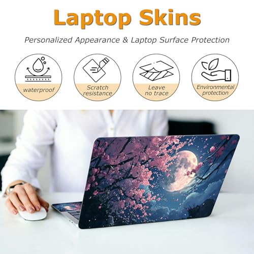 Universal Laptop Skin Sticker with 2 Wrist Pad Decals, 3-Piece Removable Vinyl Laptop Cover, Beautiful Moon Cherry Blossoms Waterproof Anti-Scratch, Easy-Trim Fit for 13.3" 14" 15.6" Laptops - color: Beautiful Moon Cherry Blossoms