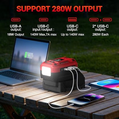 140W Battery Bidirectional Charger Compatible with Milwaukee 18V Battery | Dual USB-C 140W Output, Single USB-A 18W Output, Maximum Output of 280W, 700LM LED Work Light & LED Display (No Battery) - color: Red