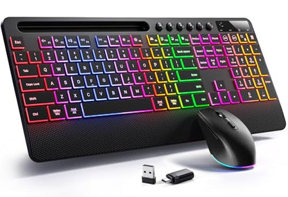 Hamile Wireless Keyboard and Mouse Combo, RGB Backlit, Ergonomic Wrist Rest | Phone Holder, Full Size, 2.4GHz, 3 Level DPI Mouse, Rechargeable Silent Combo for Windows, Mac, PC, Laptop, Black