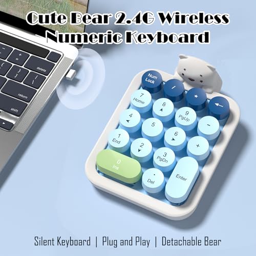 Lomiluskr Wireless Number Keypad with Cute Silicone Bear, 18 Colorful Round Keys Numpad, 2.4G USB Wireless Connection, Portable Financial Accounting Numeric Keyboard, Suitable for PC, Laptop (Blue) - color: Blue