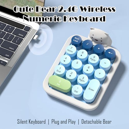 Lomiluskr Wireless Number Keypad with Cute Silicone Bear, 18 Colorful Round Keys Numpad, 2.4G USB Wireless Connection, Portable Financial Accounting Numeric Keyboard, Suitable for PC, Laptop (Blue) - color: Blue