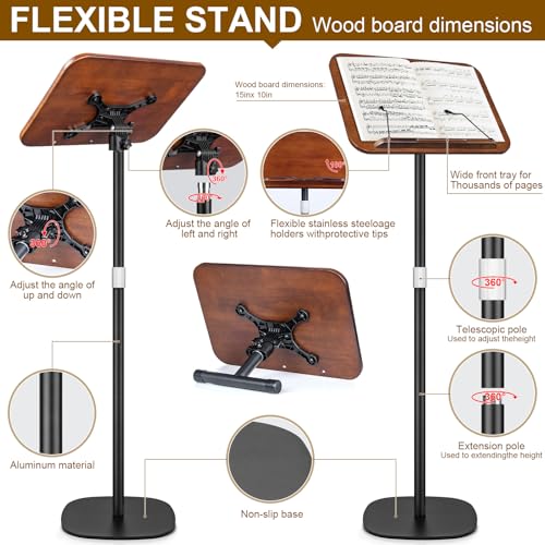 2 in 1 Dual-use Music Stand & Desktop Book Stand, Adjustable Height 16.5"-51", 100% Solid Wood Laptop Floor Stand Book Holder with Elastic Page Clips for Cookbooks (Black Walnut) - color: Black Walnut